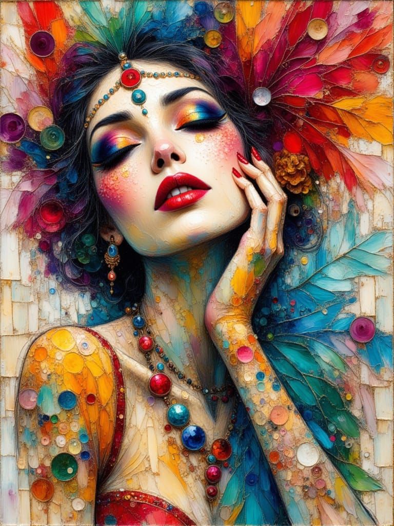 Surreal Showgirl Portrait in Vibrant Watercolor and Ink