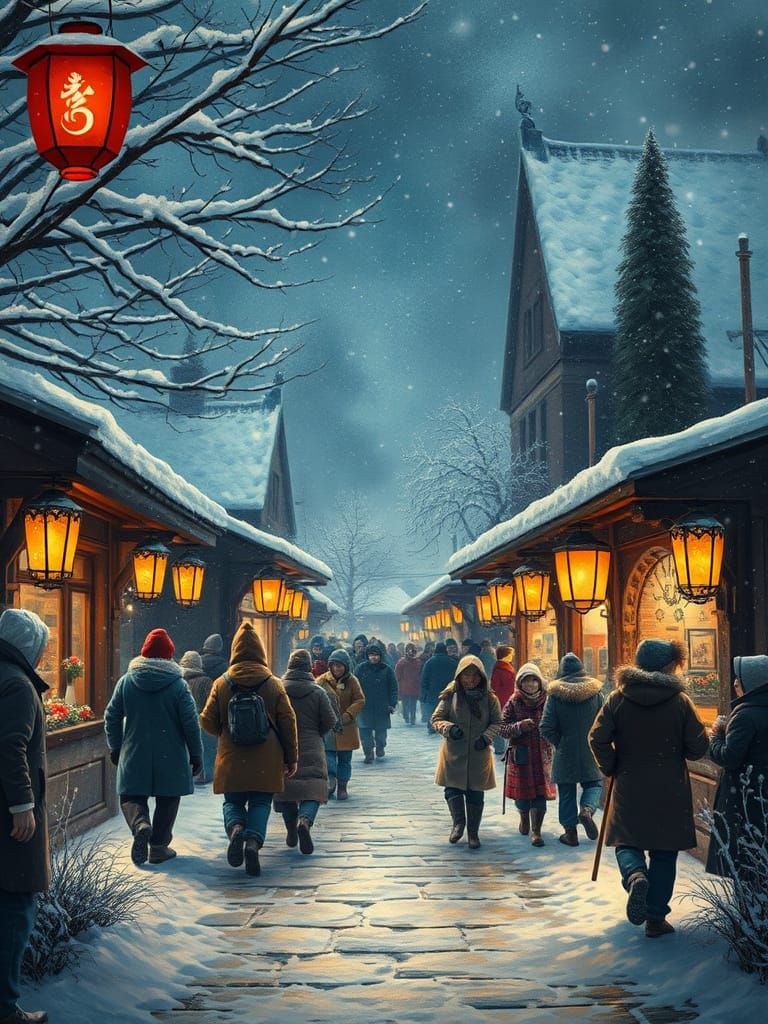 Winter Feast: Glowing Lanterns in Snowy Small Town Night