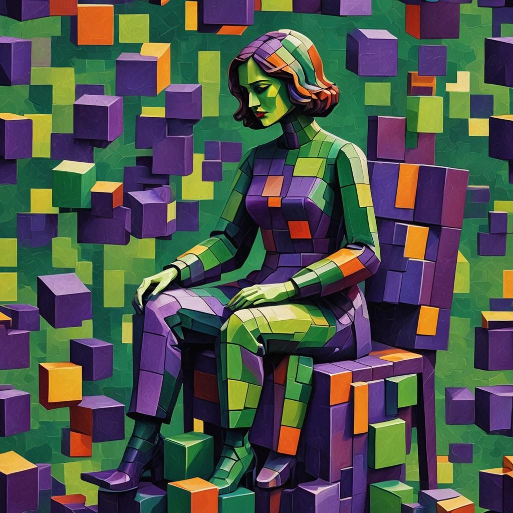 Woman Silhouette in Cubes: Synthetic Cubism Digital Art