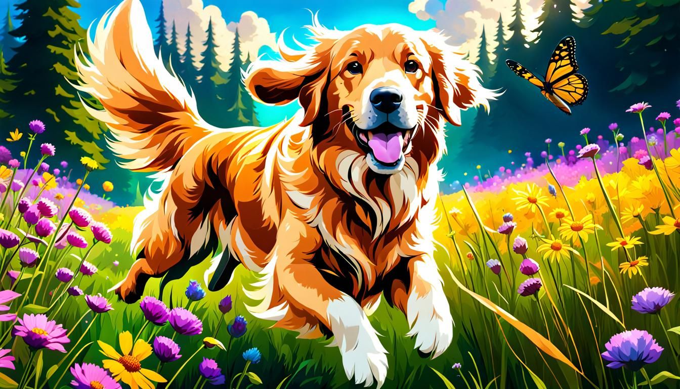 Joyful Golden Retriever Leaping Through Vibrant Wildflowers