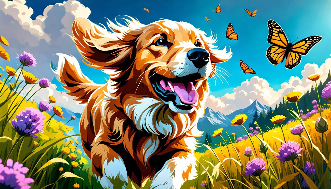 Golden Retriever Leaping in Wildflower Meadow