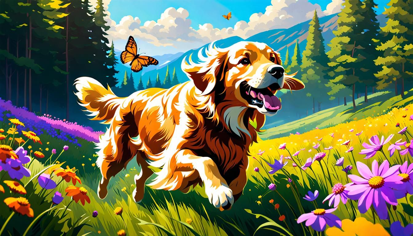 Golden Retriever Leaping in Wildflower Meadow