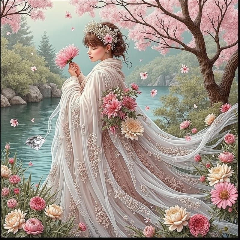 Diamond in Smoke and Flowers: 3D Rendered Oil Painting