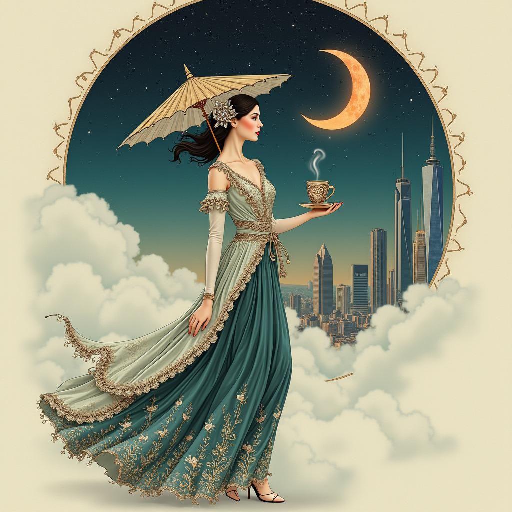 Mysterious Woman with Starry Umbrella in Cloudscape