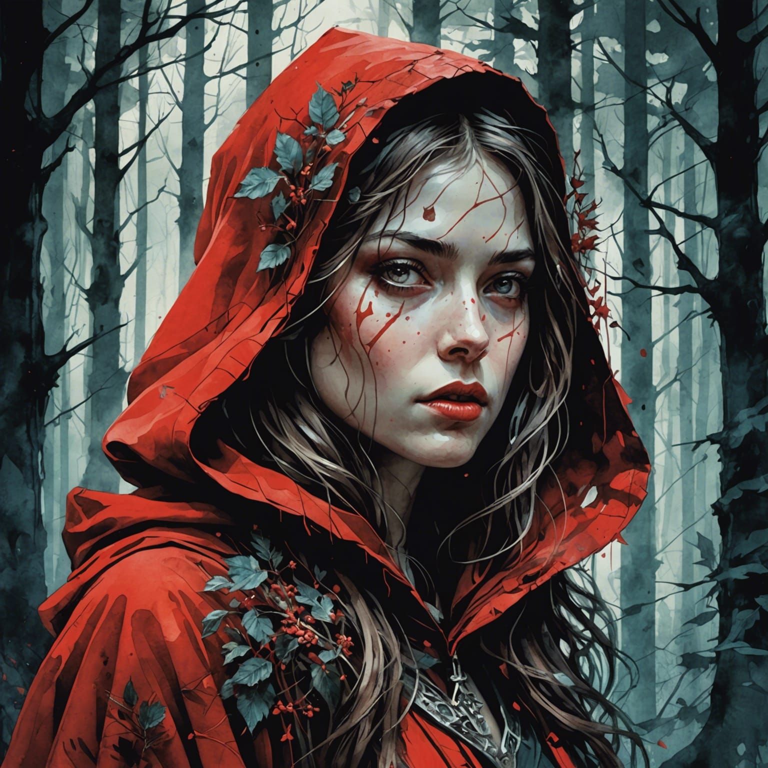 Eerie Double Exposure: Red Riding Hood in Watercolor