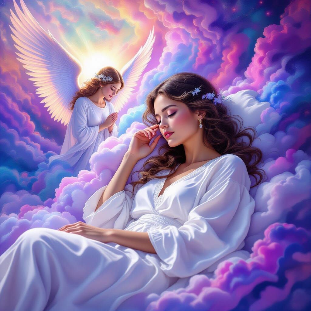 Serene Woman Sleeps Under Angelic Protection in Holographic ...