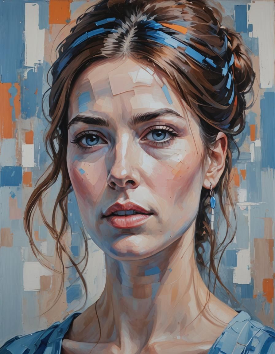 Painted portrait of a woman in blue