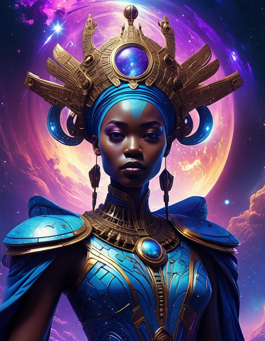 Afrofuturistic Queen of Light in Cosmic Vista