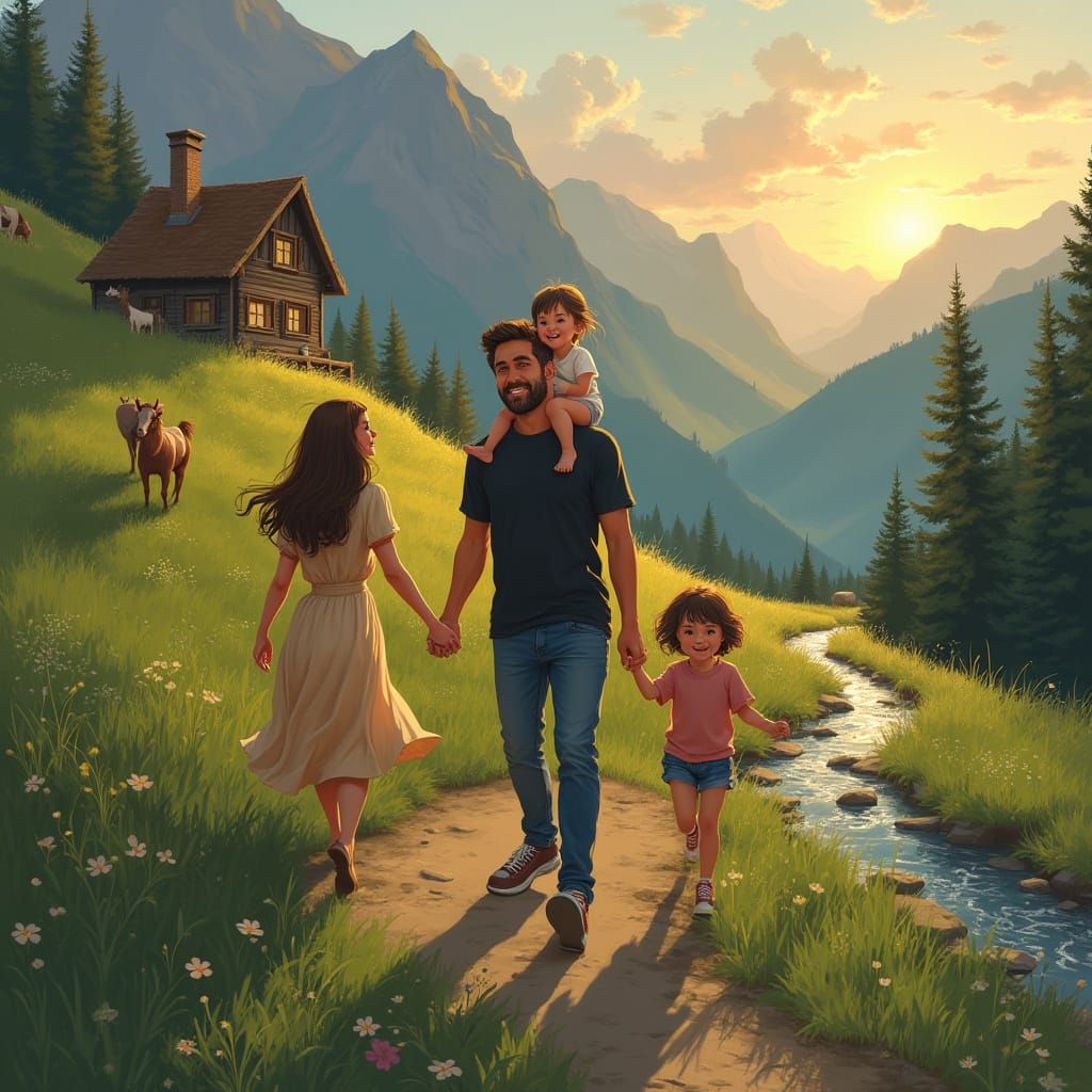 Fatherly Joy in Serene Mountain Landscape