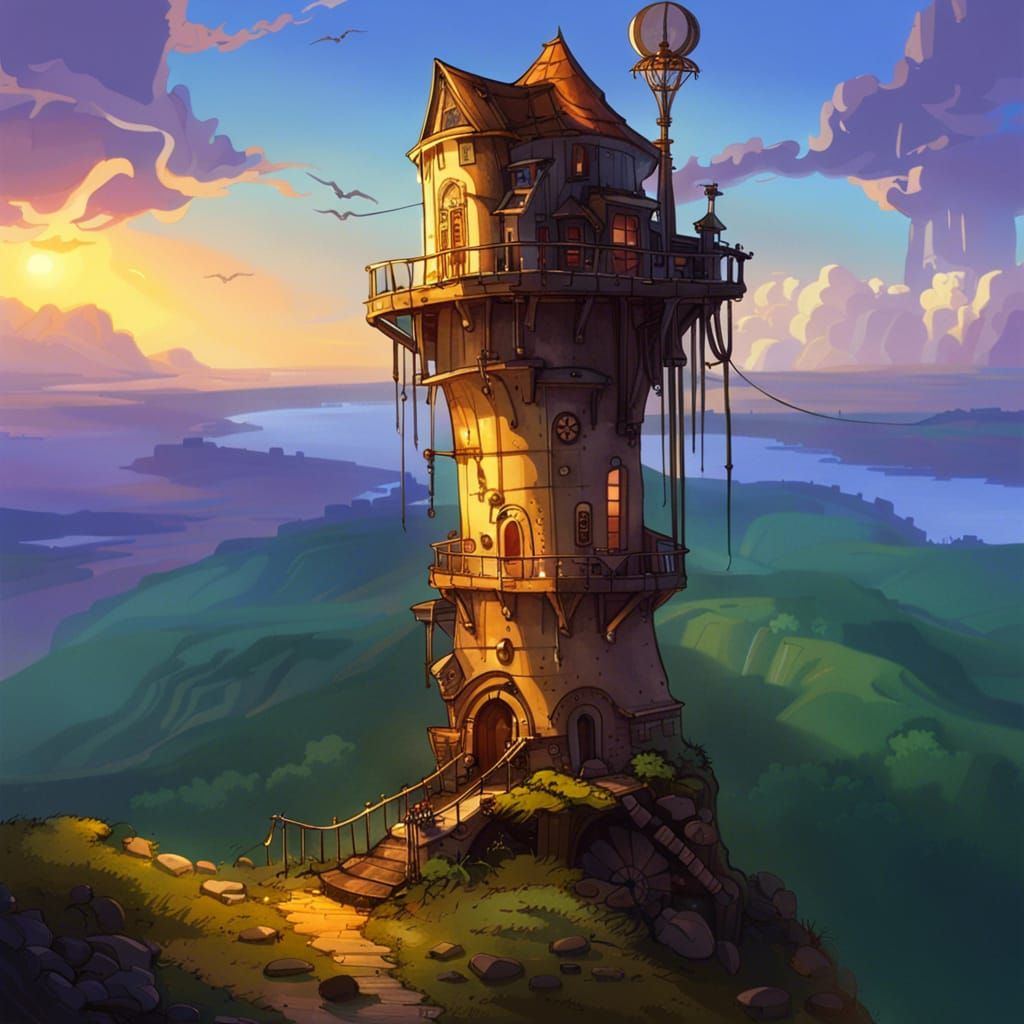 Steampunk Tower on Cliffside with Waterfall