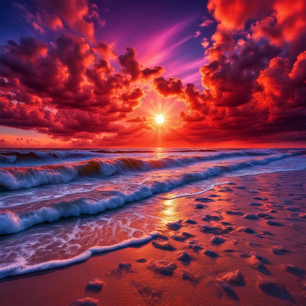 Hyperrealistic Beach Sunset with Red and Purple Clouds
