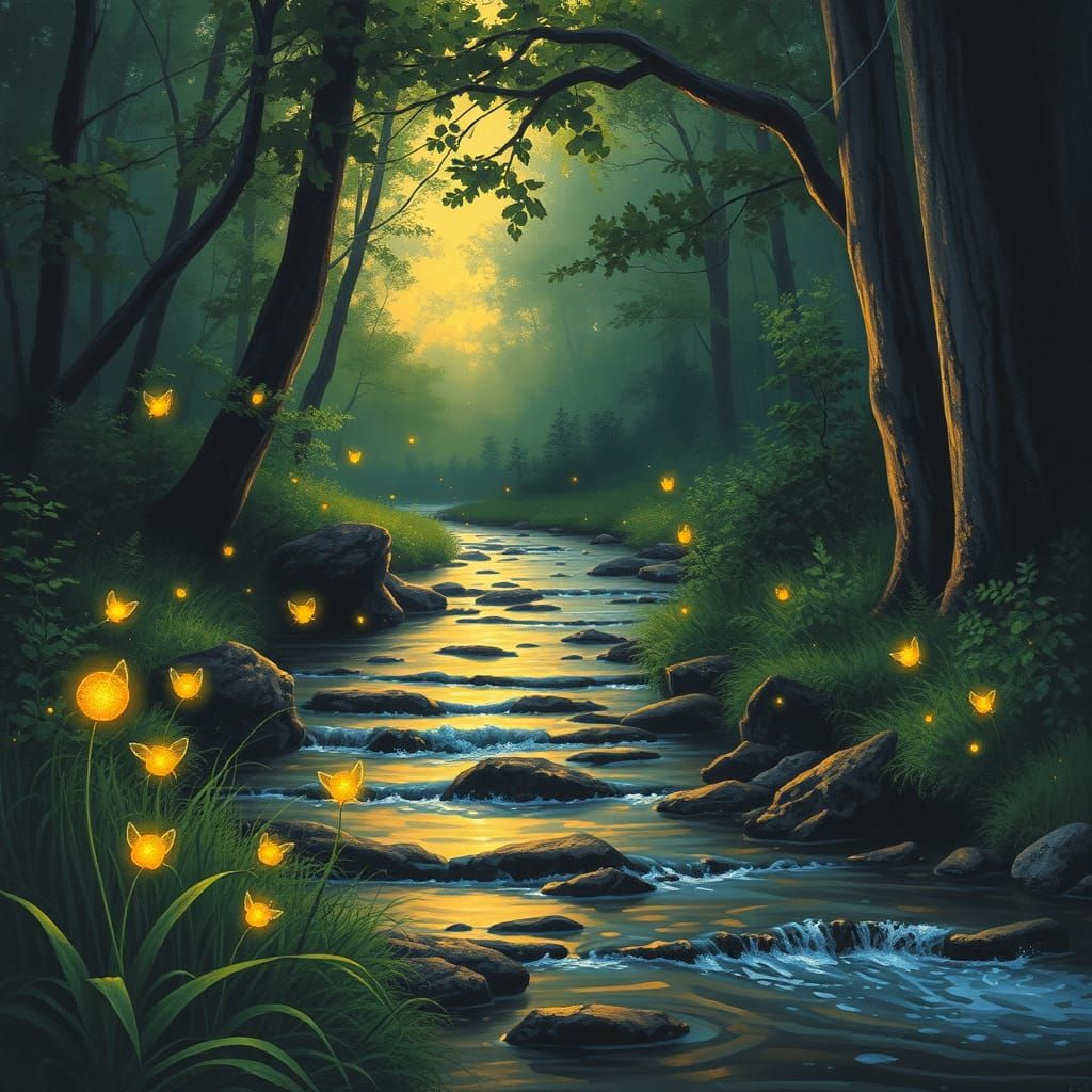 Fireflies dancing over a stream on a shady woodland summer evening golden hour