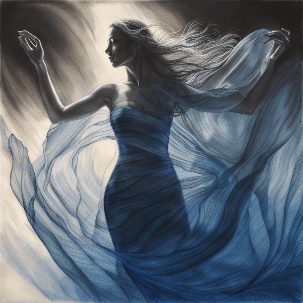 Underwater Sunrise Charcoal Drawing of Woman