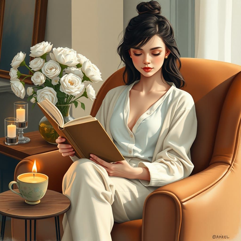 Serene Woman Reads in Cozy Afternoon Atmosphere