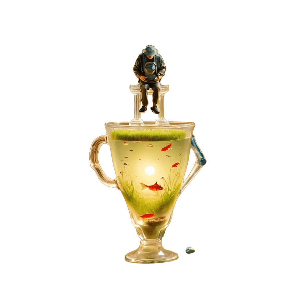 Miniature Fisherman in Teacup: Photorealistic Art