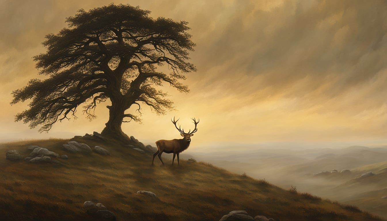 Majestic Stag on Misty Hilltop in Romanticism Style