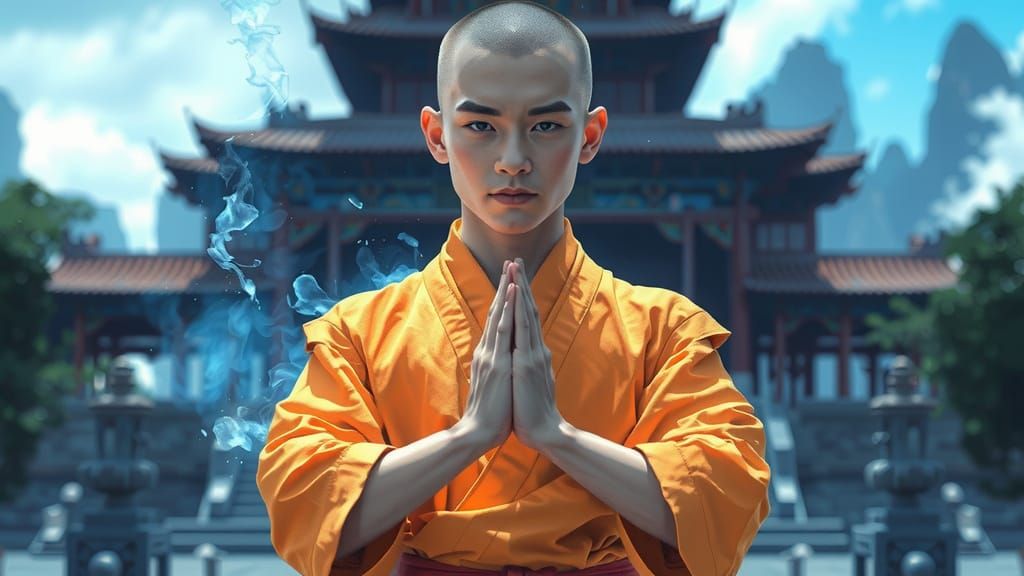 Shaolin Monk in Serene Buddhist Temple Setting