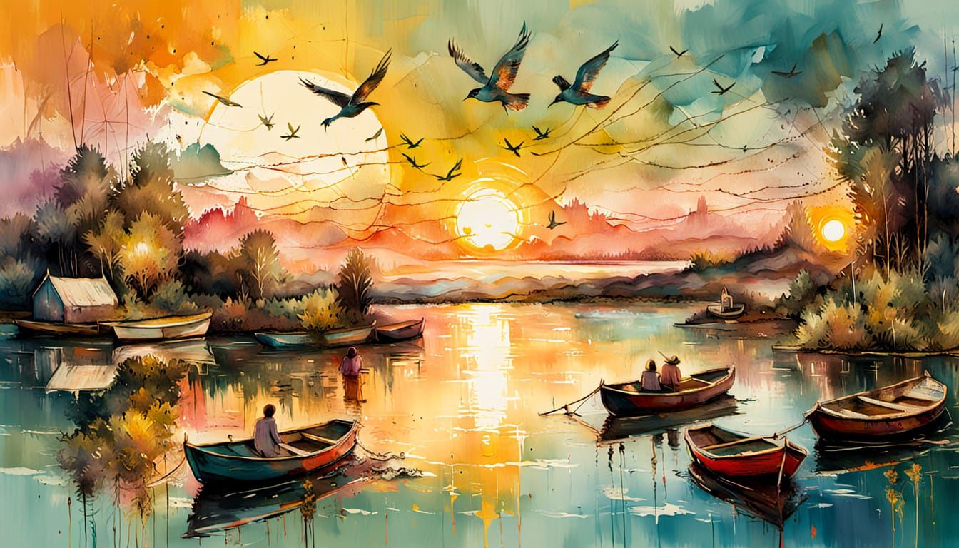Ethereal Sunset Lake Scene in Impressionistic Honeypunk Styl...