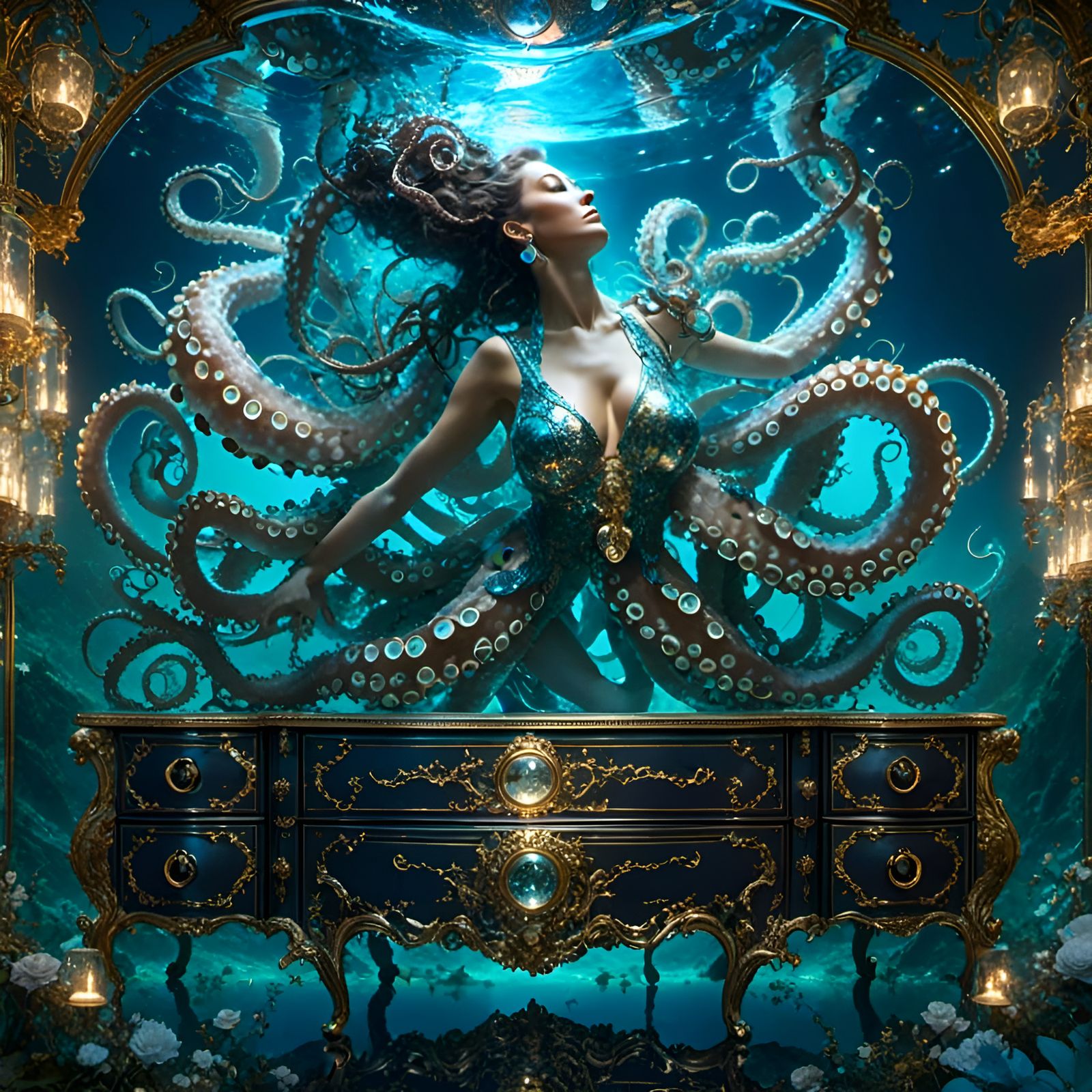 Octopus Woman in Drawer with Star Reflections