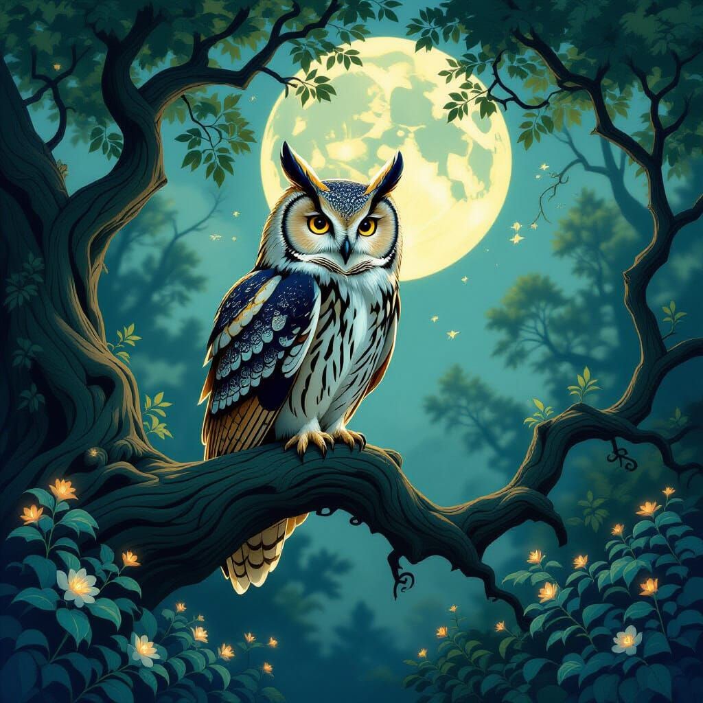 Majestic Owl on Ancient Branch in Enchanted Forest