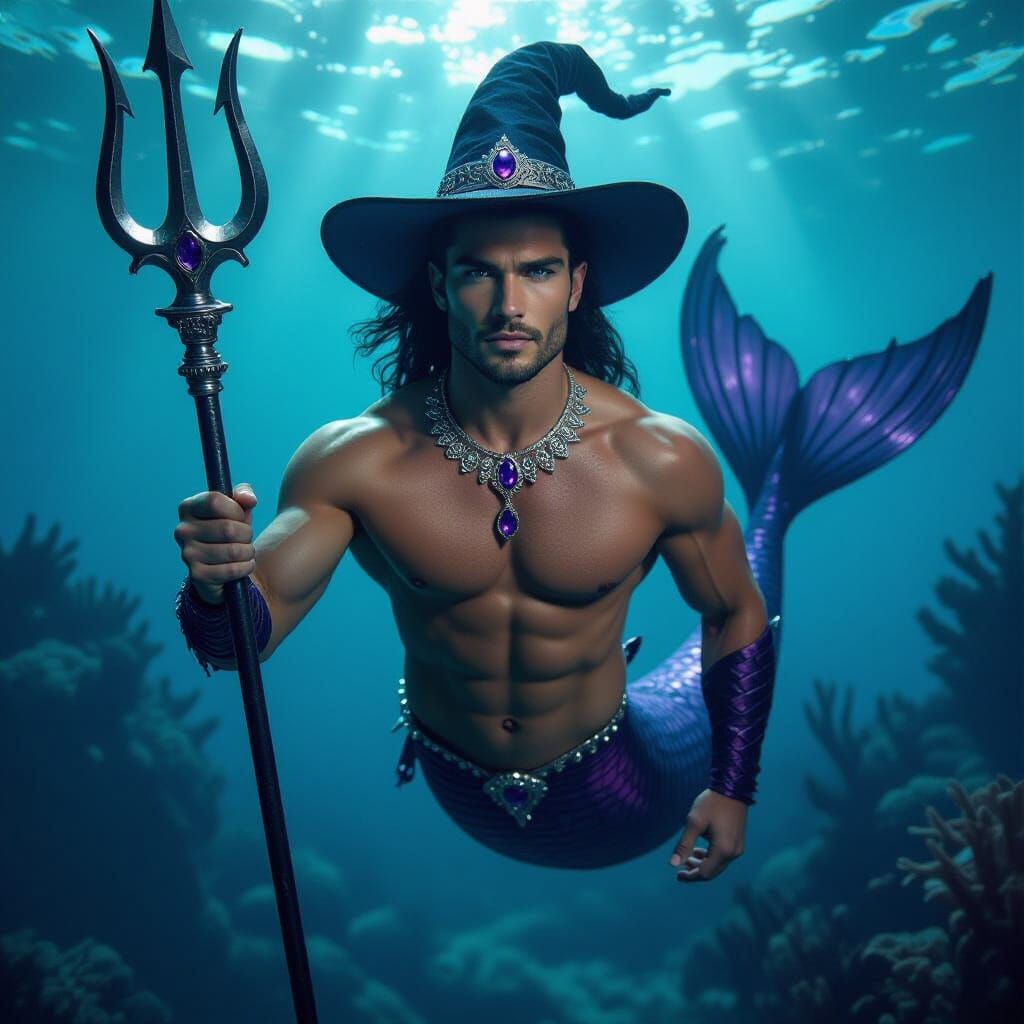 Merman Witch with Trident in Ocean Depths