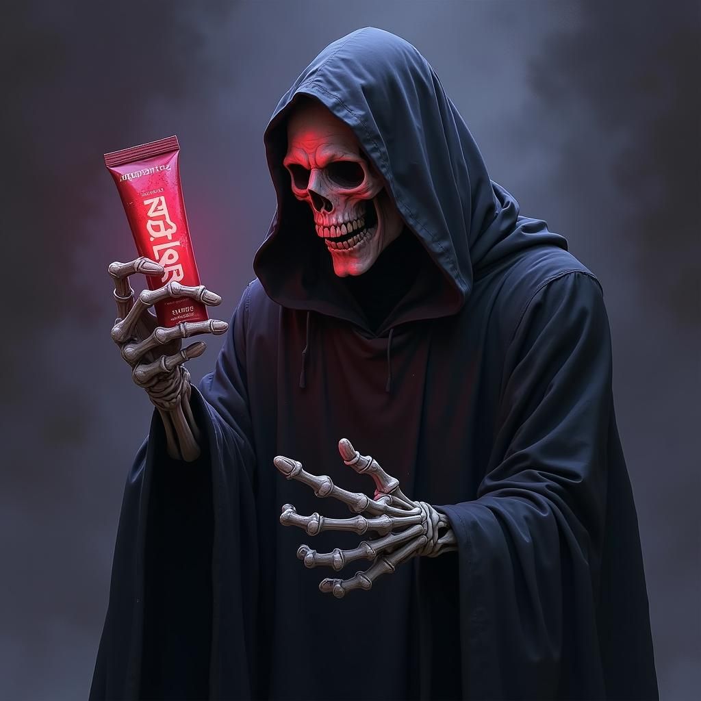 Grim Reaper Holding Cream in Dark Fantasy Style