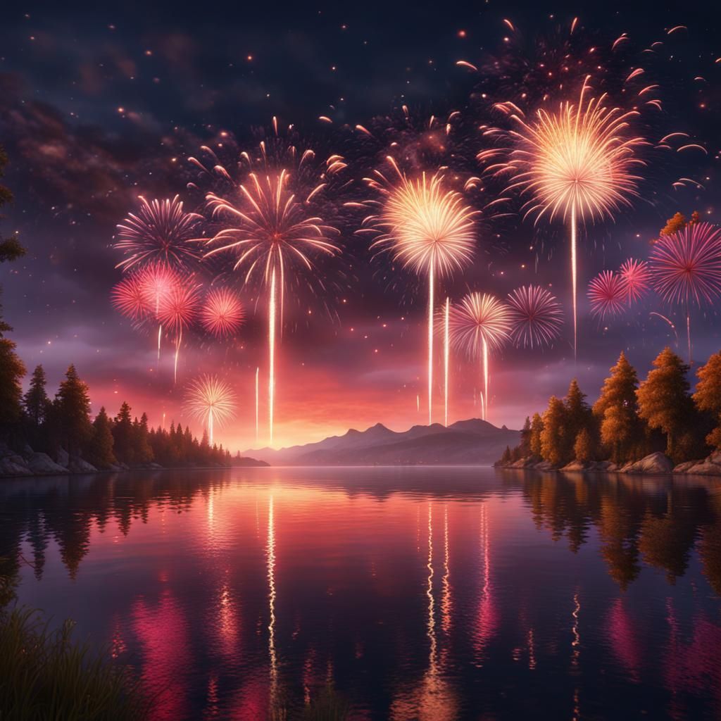 Fireworks Over Lake: Fantasy Concept Art