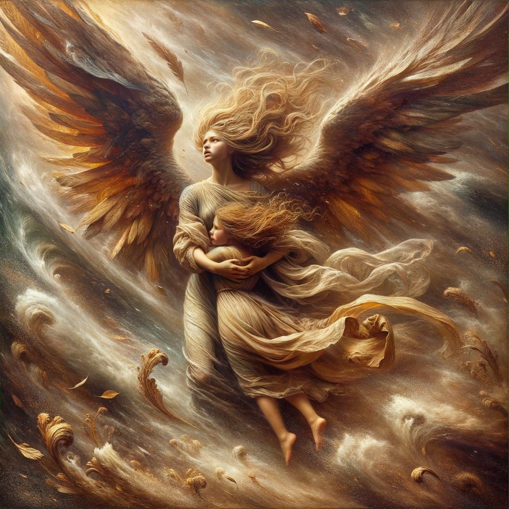 Angel Protecting Girl From Storm in Romantic Style