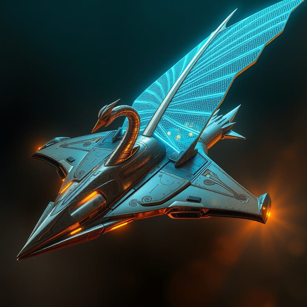 Cyberpunk Trireme Spaceship Blending Ancient and Futuristic....