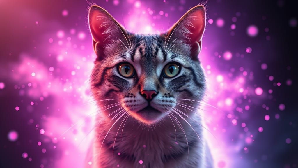 Majestic Cat Transforms into Glowing Particles in Vibrant Li...