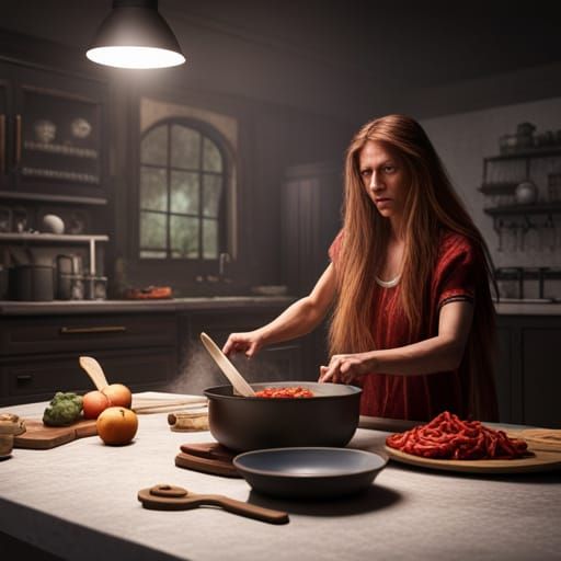 Woman Cooking Dinner: Detailed Matte Painting