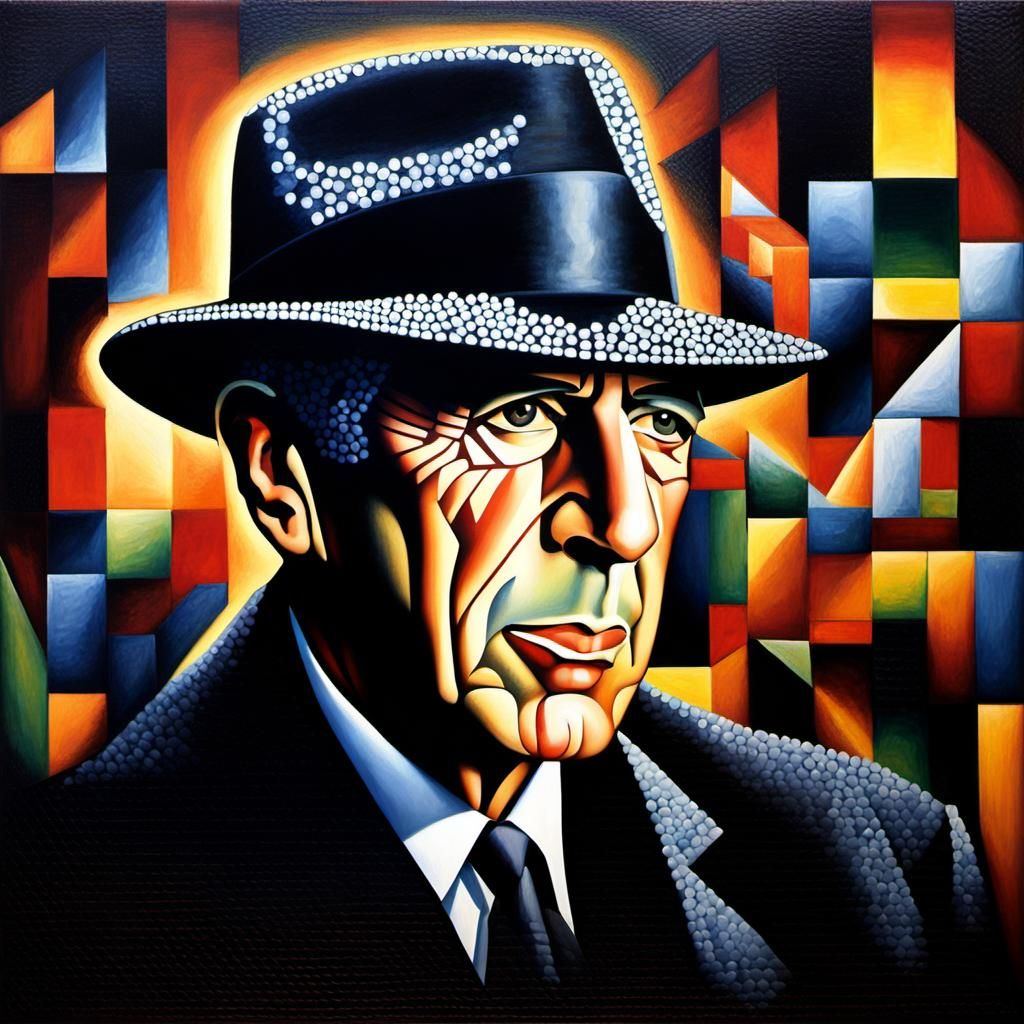 Leonard Cohen Portrait in Kinetic Pointillism Style