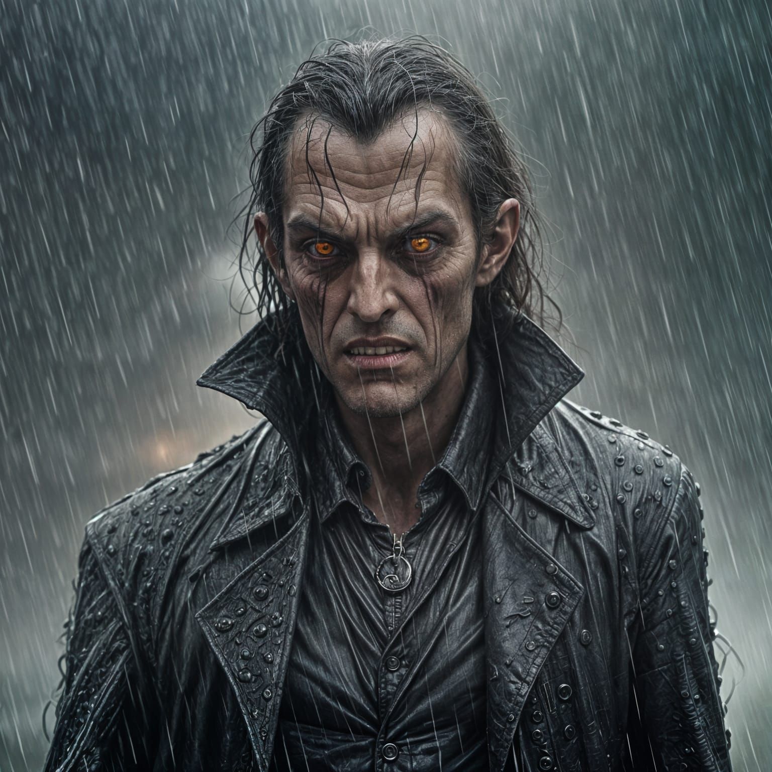 Grumpy Vampire in Rain, Dark Fantasy Style