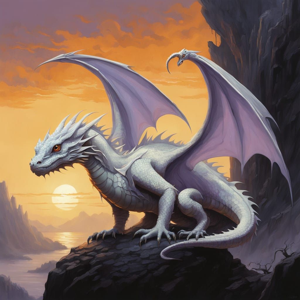 Majestic White Baby Dragon in Whimsical Dark Fantasy Setting