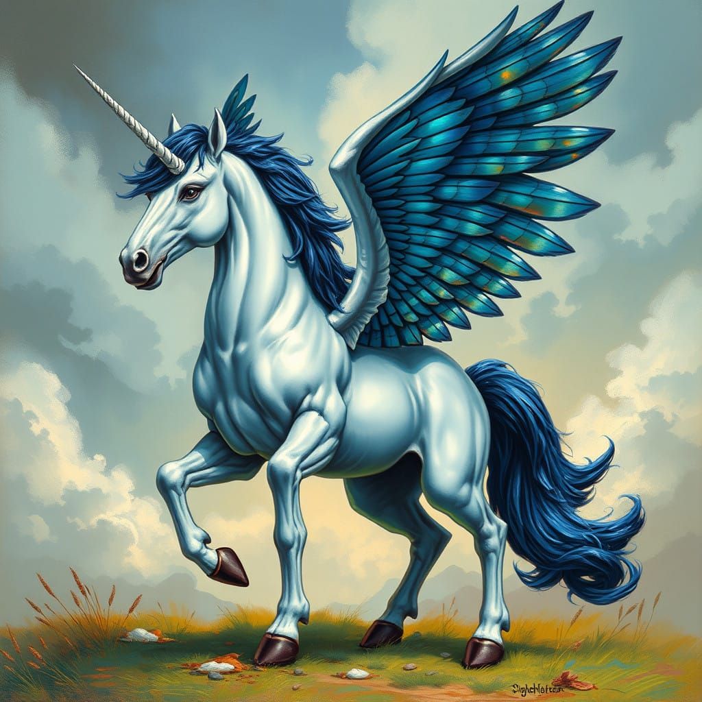 Powerful Unicorn with Wings in Vibrant Dreamlike Landscape