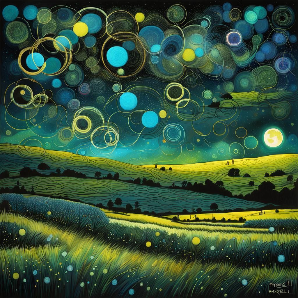 Surreal Neon Fields at Night, Ethereal Landscape