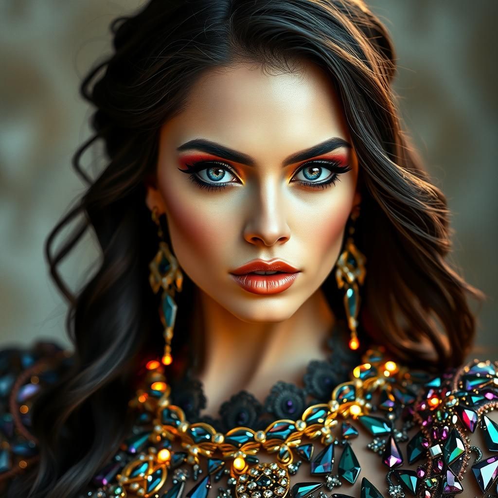 Majestic Woman in Crystal Dress, Dreamy Watercolor Art