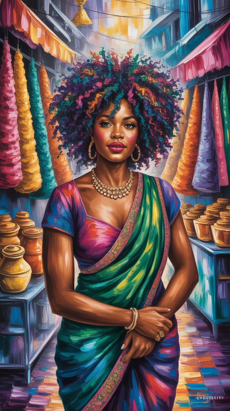 African American Woman in Mumbai Market as Impasto Painting