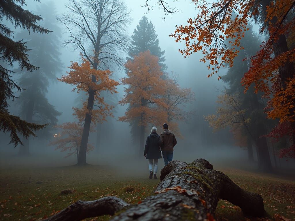 Couple's Foggy Alpine Forest Walk at Autumn Dawn