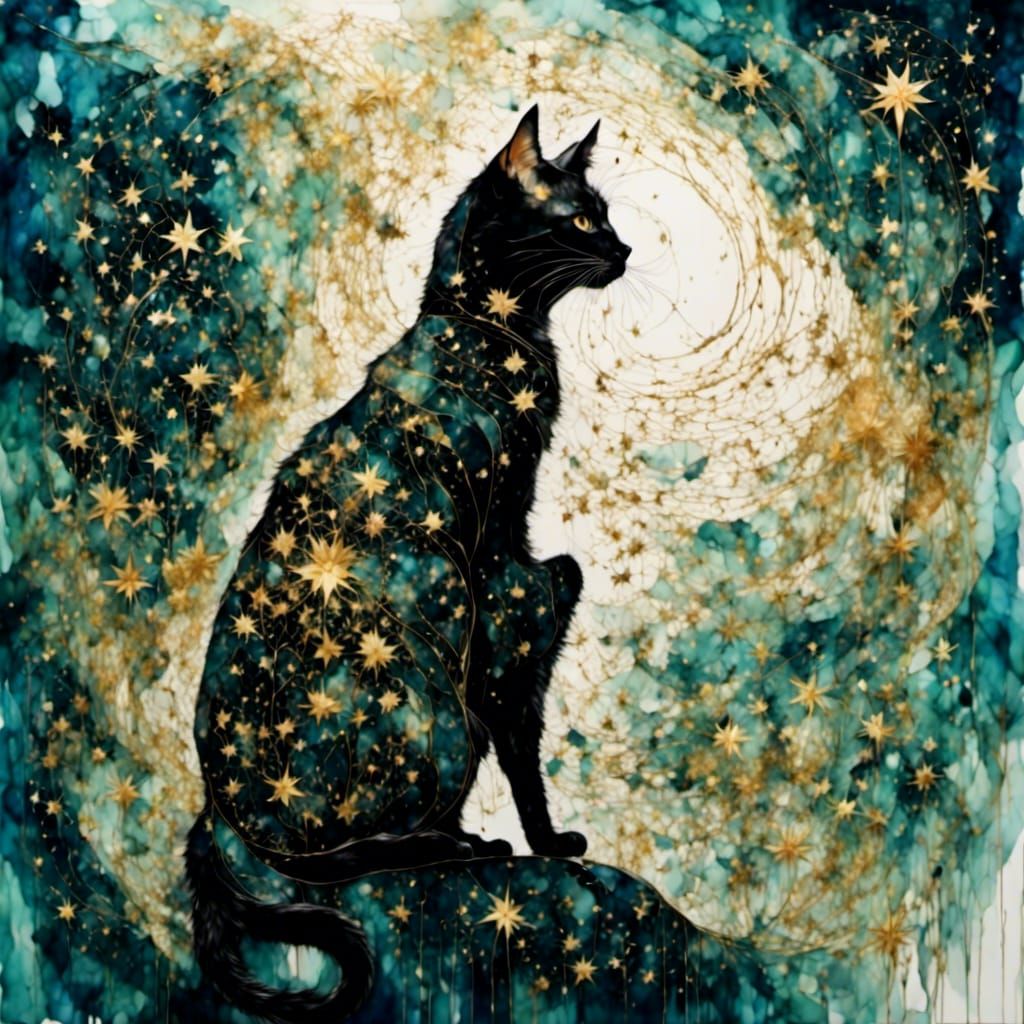 Girl Gazing at Starry Sky in Whimsical Ink Art