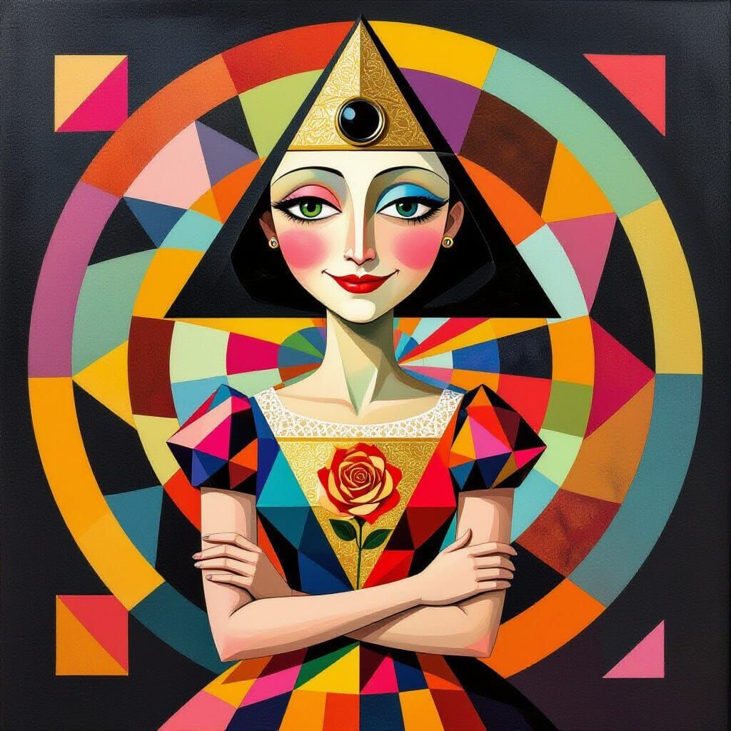 Surreal Geometric Portrait with Triangular Head and Rose Dre...