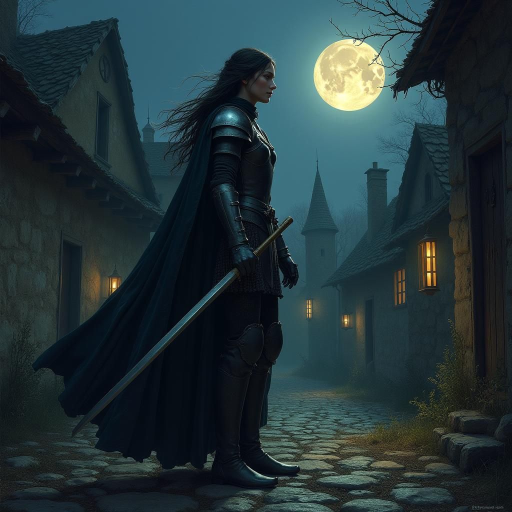 Fantasy Knight Protects Medieval Village at Night