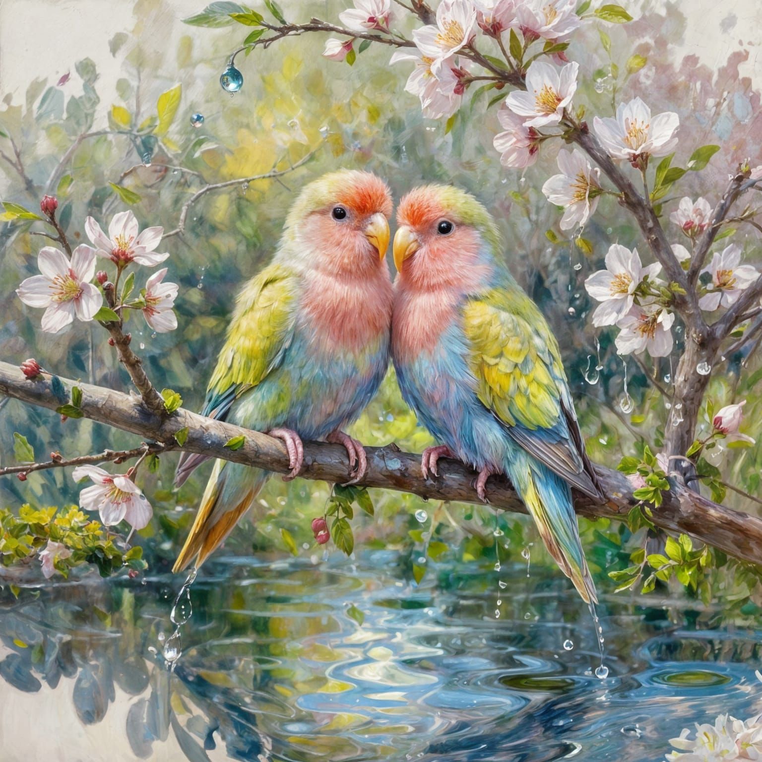 Pastel Lovebirds on Branch Over River in Neo-Impressionist S...