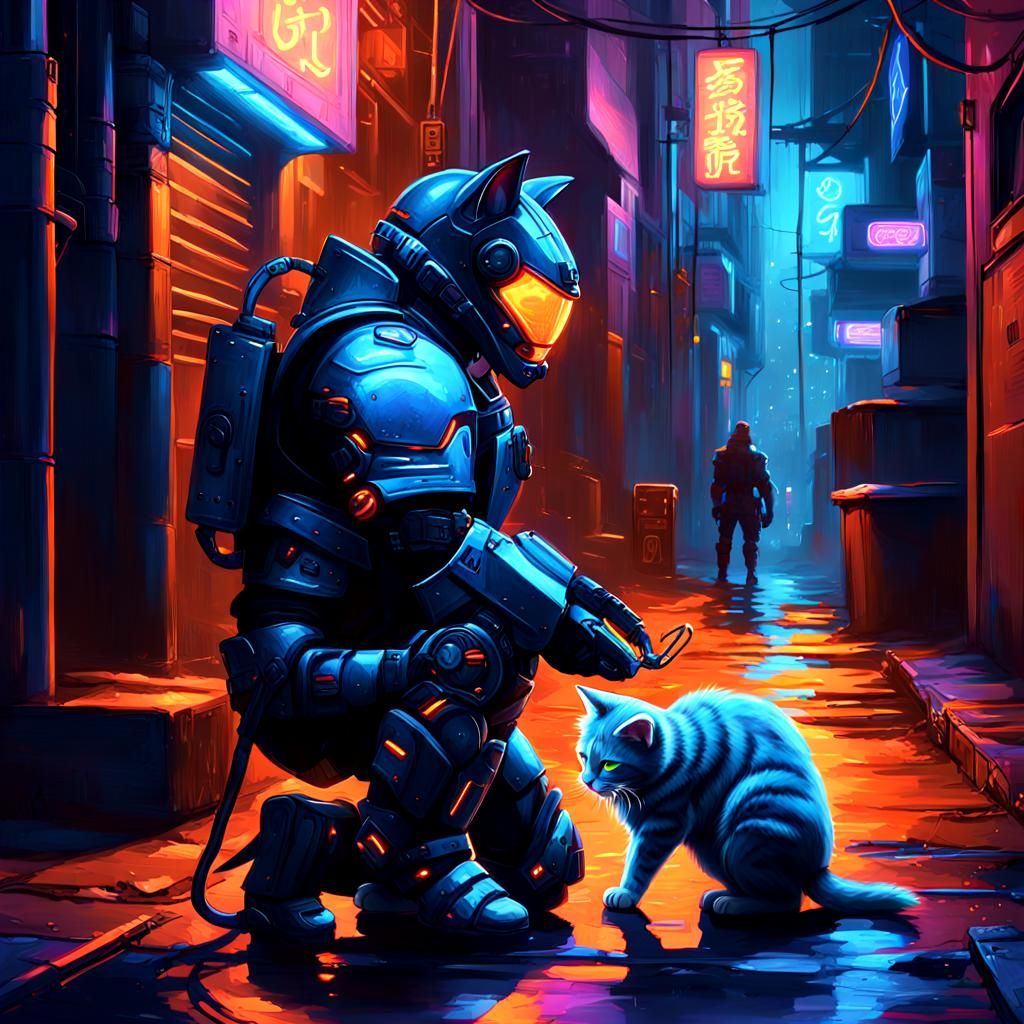 Cyberpunk Cat Feeds Stray in Neon Alley