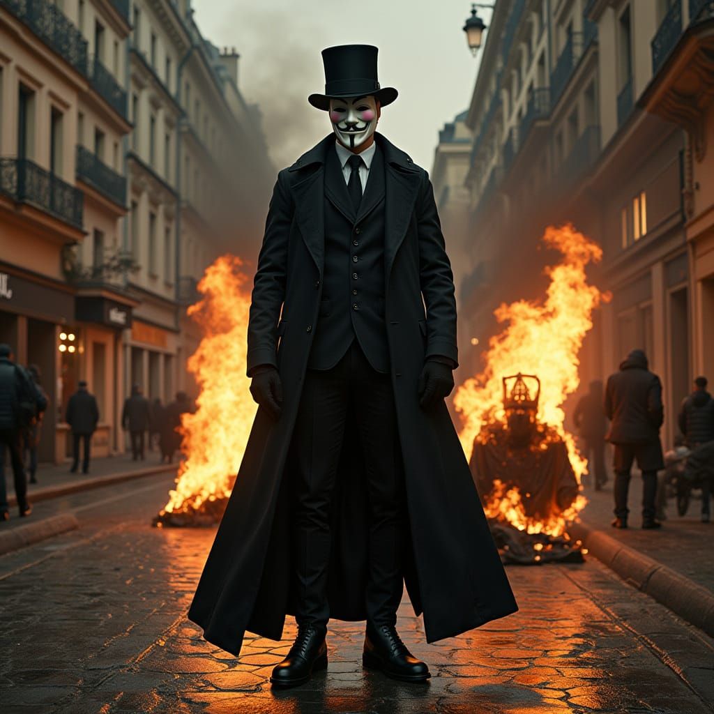 Vendetta Figure Victorious in Burning Paris Street