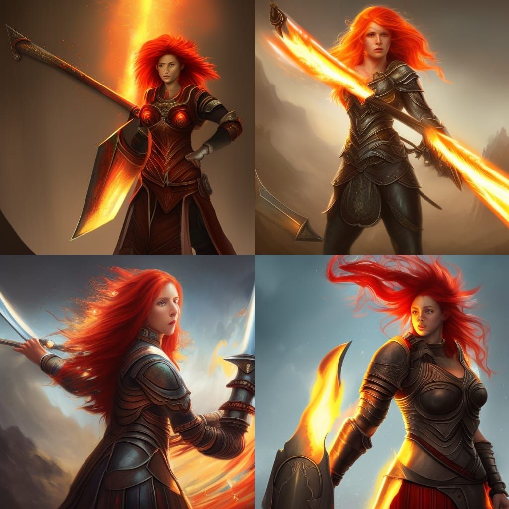 Red-Haired Warrior Blocks Fire Beam: Fantasy Concept Art
