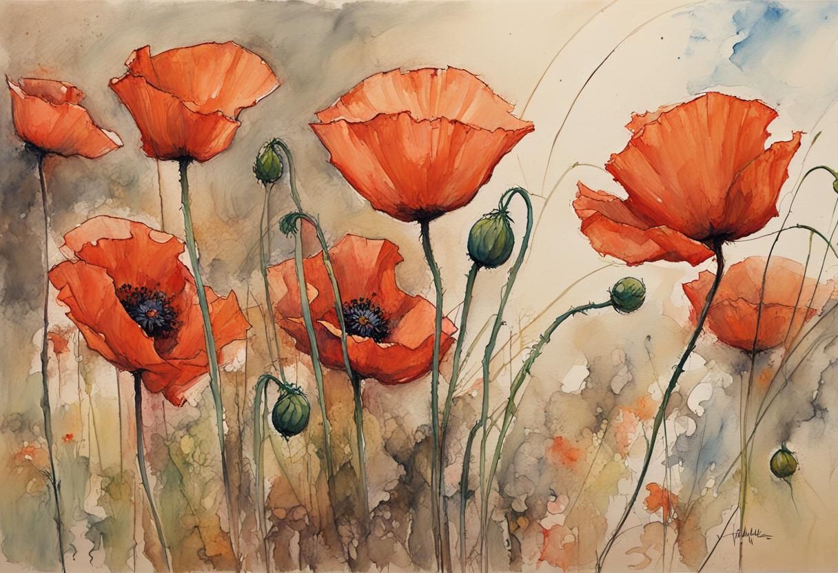 Poppies Painting in Watercolour Style with Bold Colors
