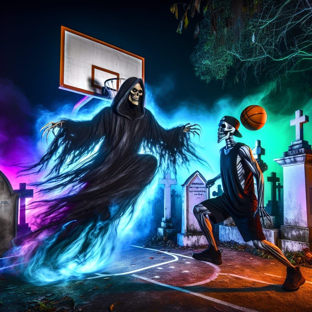 Scary grim reaper plays basketball in a cemetery, plays one-on-one against the ghost of KOBE BRYANT . Background dark an...