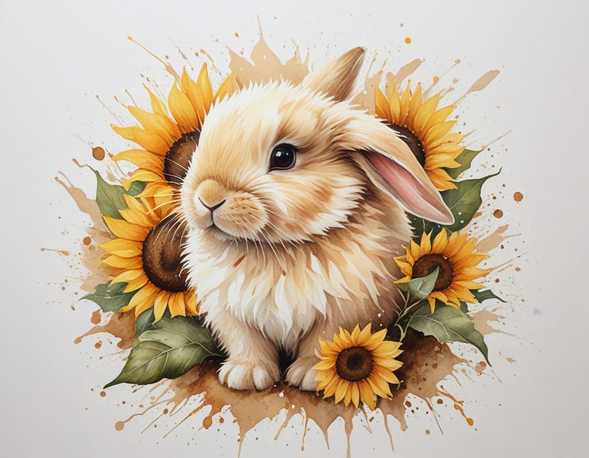 Fluffy Bunny in Sunflower, Soft Painterly Realism