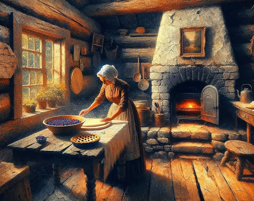 Rustic Kitchen Scene: Berry Pies as Oil Painting